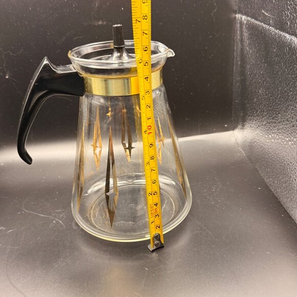 Vintage MCM Pyrex 8-Cup Coffee Carafe Gold Atomic Starburst Design Black Handle - Picture 5 of 7